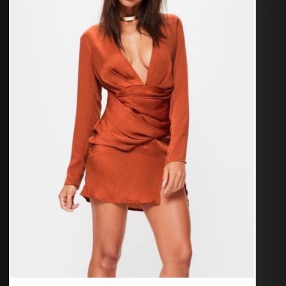 orange silky long sleeve panelled dress